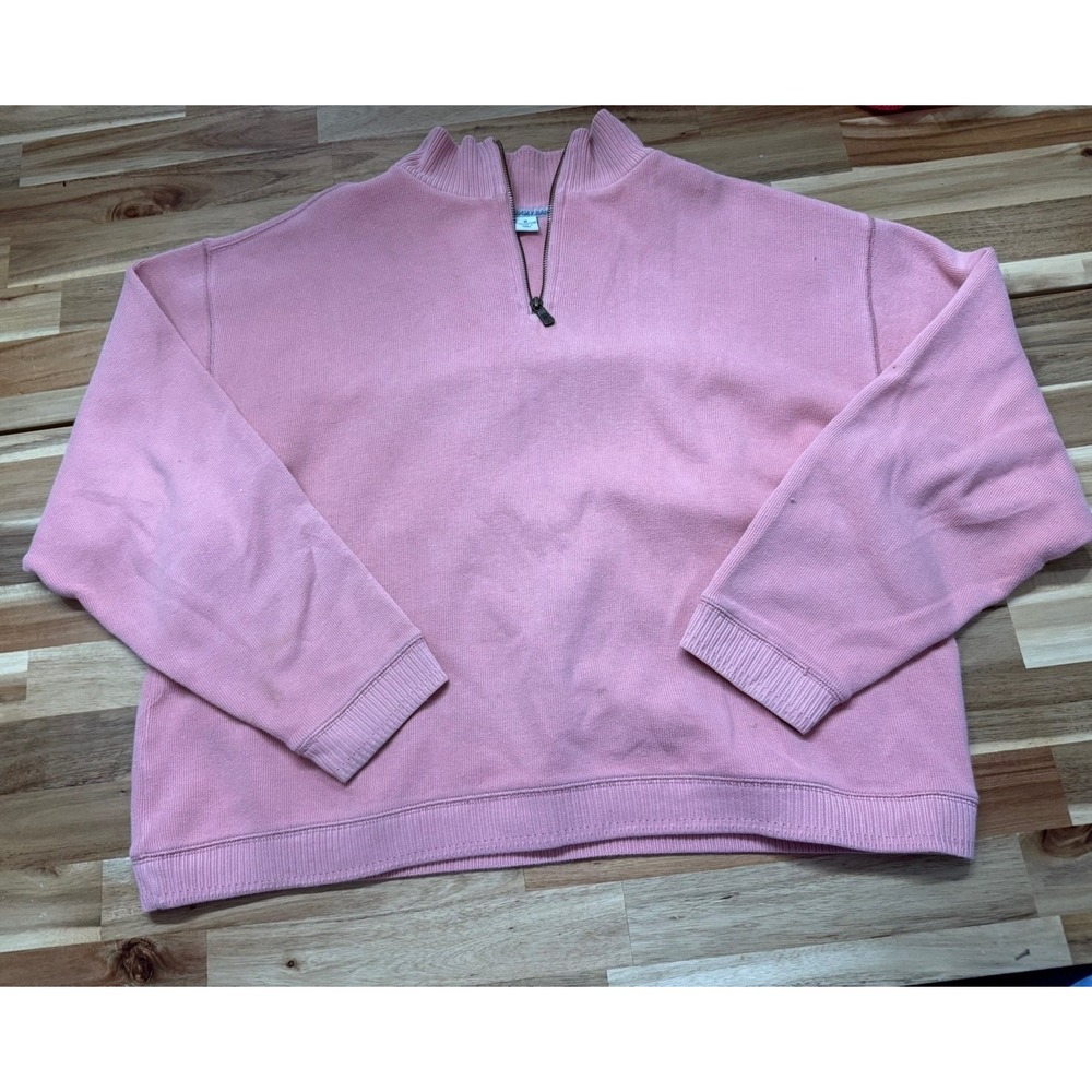 Tommy Bahama Pink Cotton Quarter Zip Pullover Sweater Womens Medium Ribbed Mock